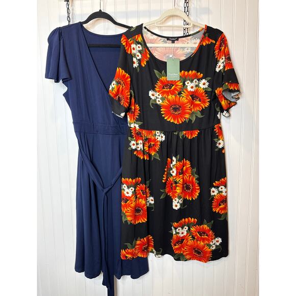 Amazon Dresses & Skirts - NWT Amazon Dresses Lot of 2 - Navy Faux Wrap & Bold Floral Dress Bundle Size L